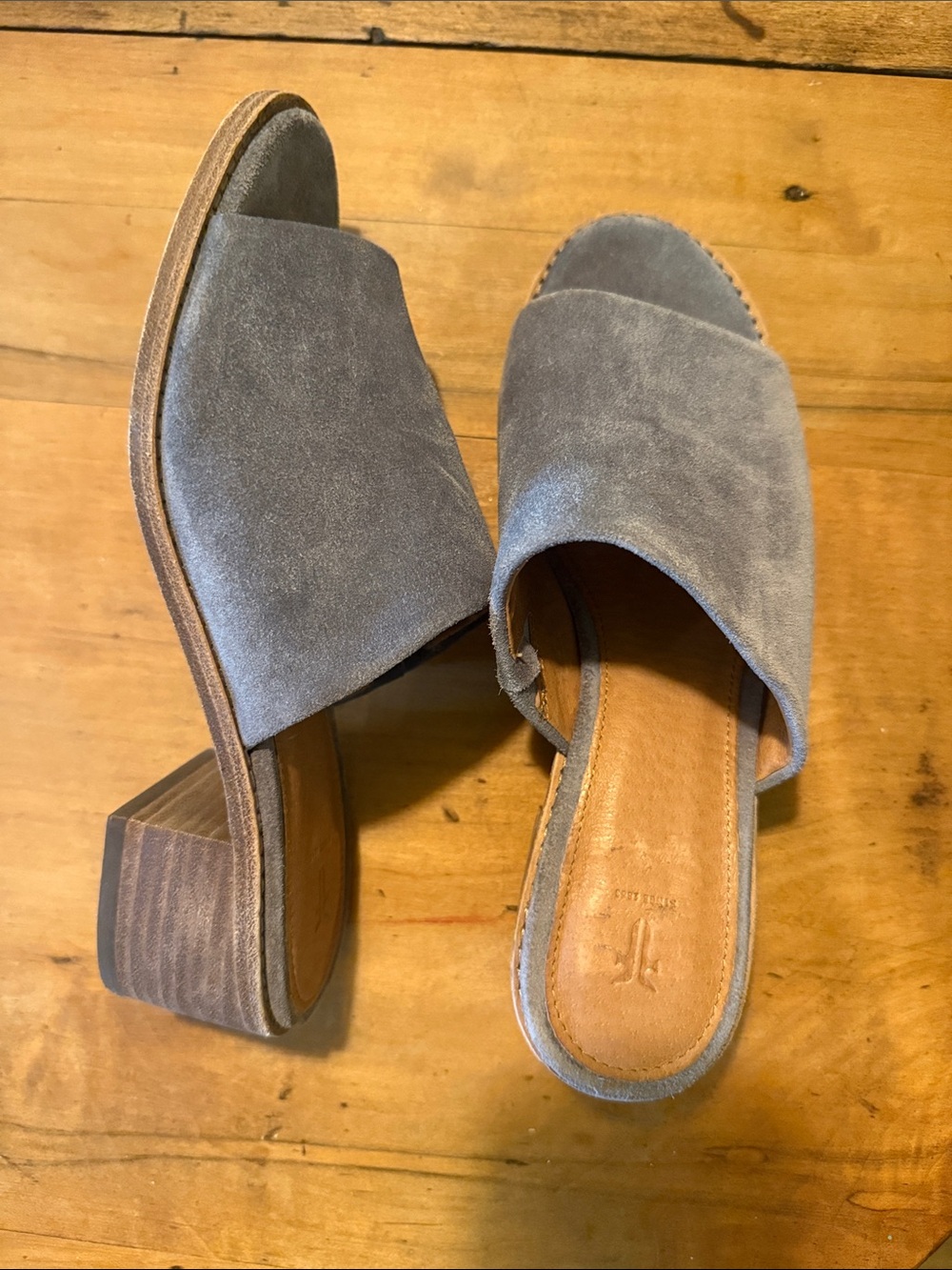 Frye Gray Suede Open-Toe Block Heel Mule